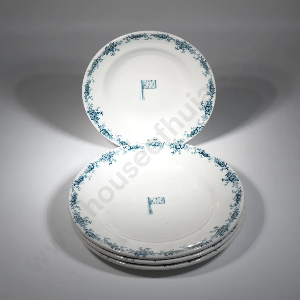 Three Large Plates and One Small Bowl with 'KTSC' and Floral Patterning: John Maddock & Sons. Image 1++
