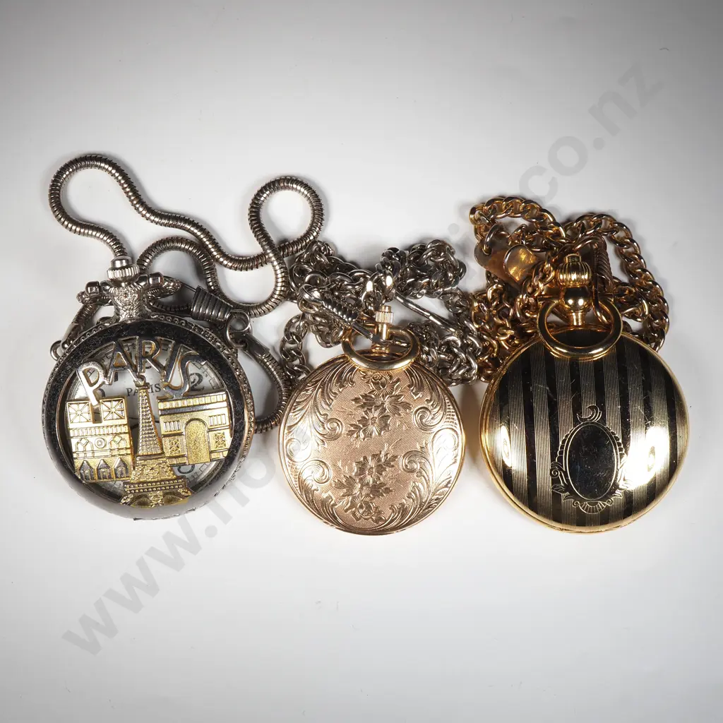 Three Antique Style  Reproduction Fob Watches with Fob Chain Image 1++