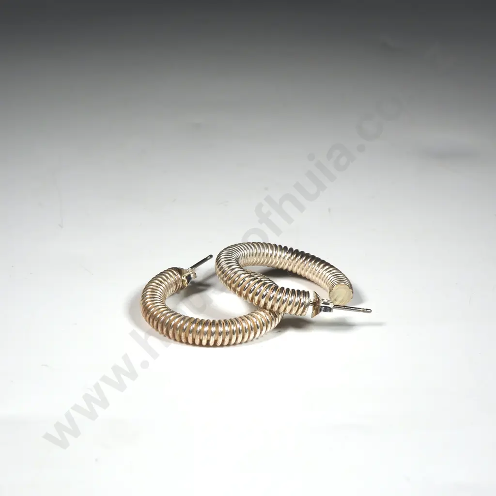 Pair Of Sterling Silver Hoop  Earrings with Corrugated Design Image 1++