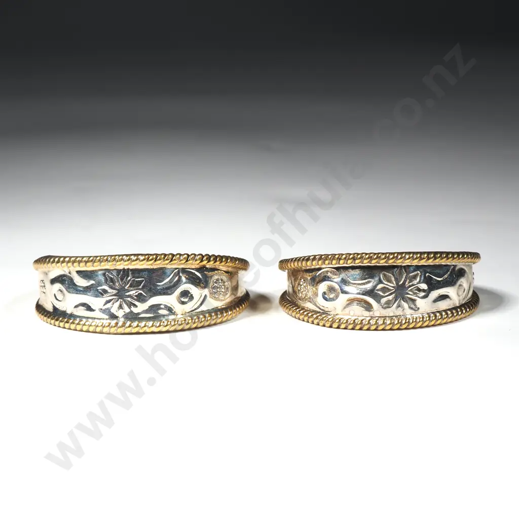 Two Tone  Sterling Silver  Hoop Earrings with Embossed Decoration & Beaded Gilt Edge Image 1++