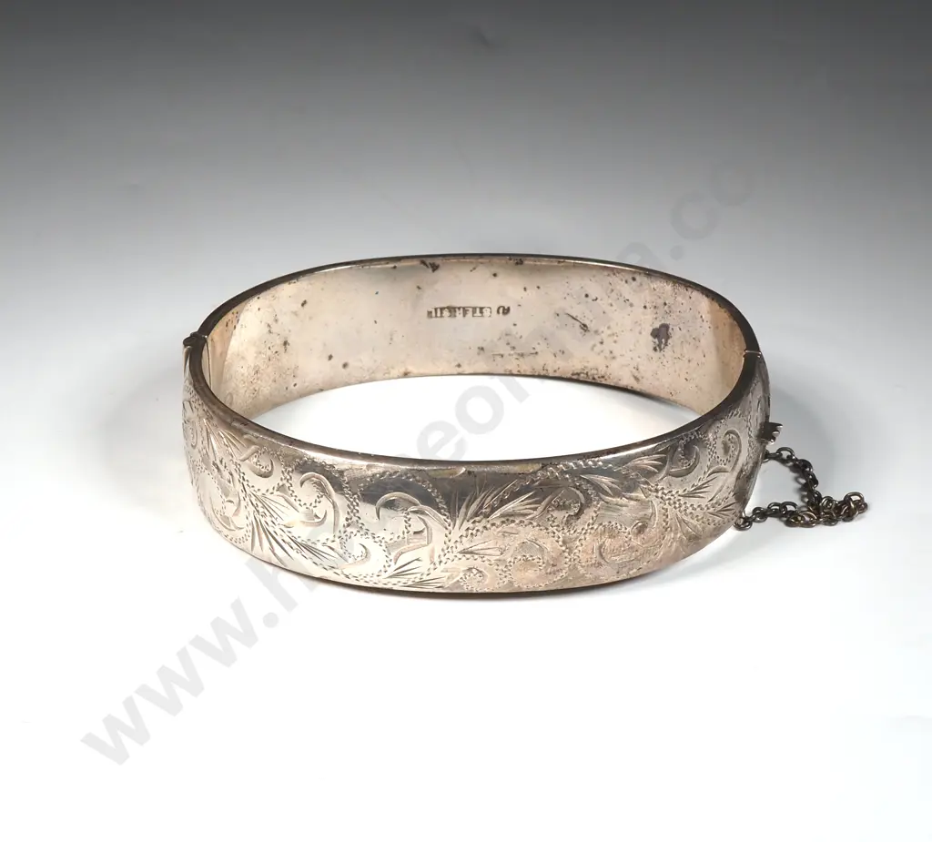 Sterling Silver Snap Bangle With Engraved Front & Safety Chain Image 1++