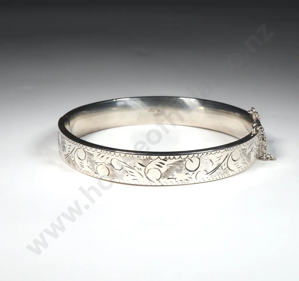 Sterling Silver Snap Bangle With Engraved Front & Safety Chain Image 1++