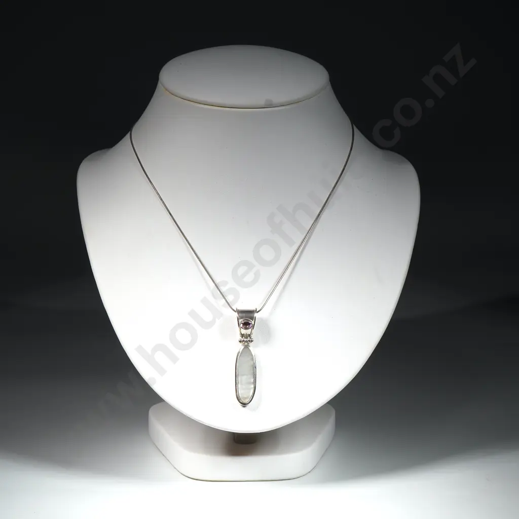 Mother Of Pearl & Amethyst Pendant Set In Sterling Silver & On A Snake Chain Image 1++