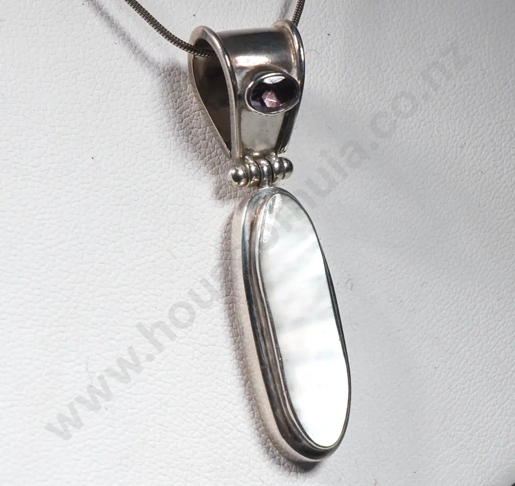 Mother Of Pearl & Amethyst Pendant Set In Sterling Silver & On A Snake Chain Image 1++