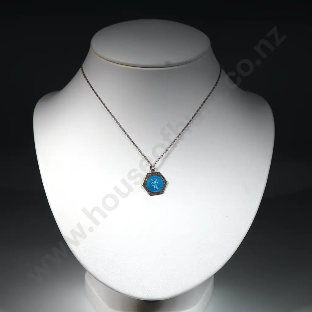 Sterling Silver  Chain & Blue Enamel St Christopher Pendant Set In A Hexagonal Frame Image 1++