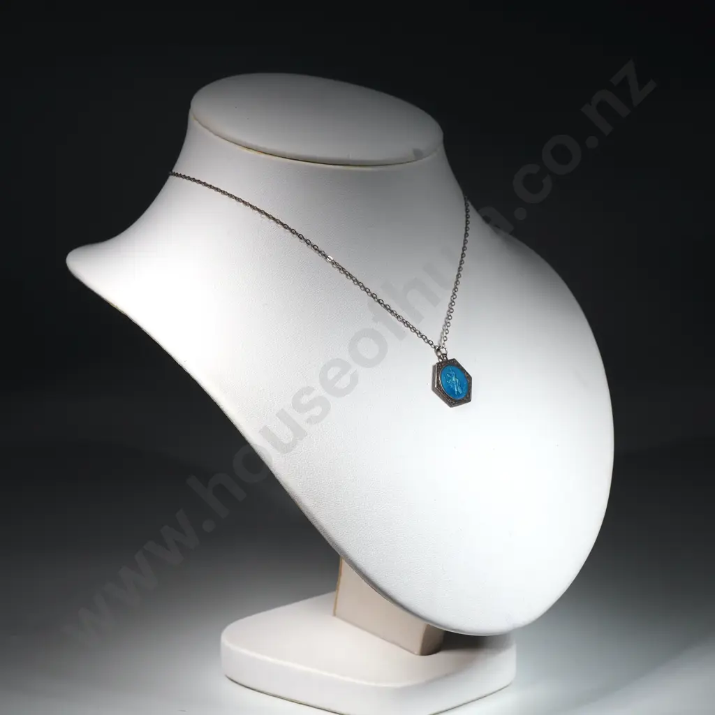 Sterling Silver  Chain & Blue Enamel St Christopher Pendant Set In A Hexagonal Frame Image 1++