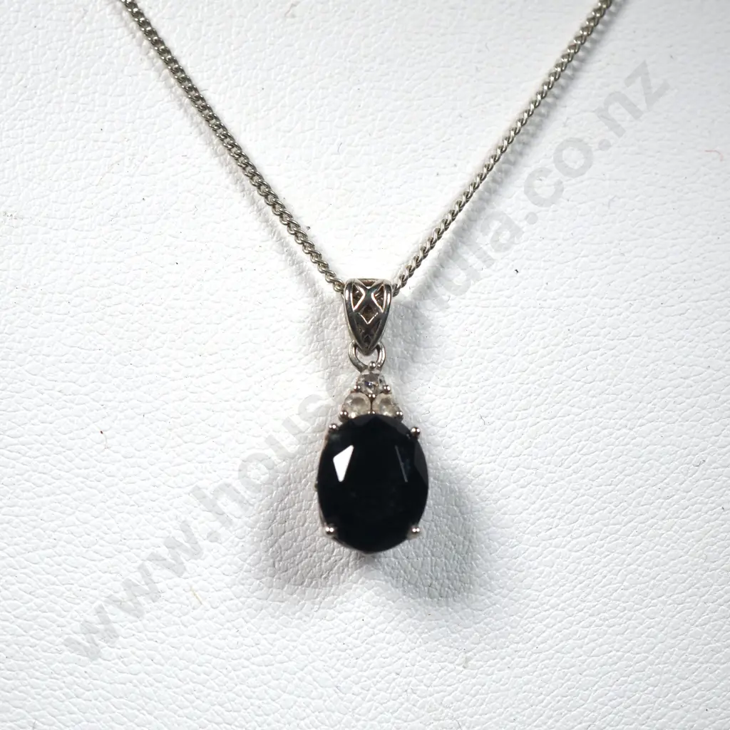 Sterling Silver  Chain & Blue Stone Pendant Image 1++