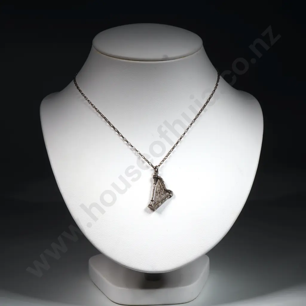 Vintage Sterling Silver  Chain & Pendant In the Form Of A Harp Image 1++