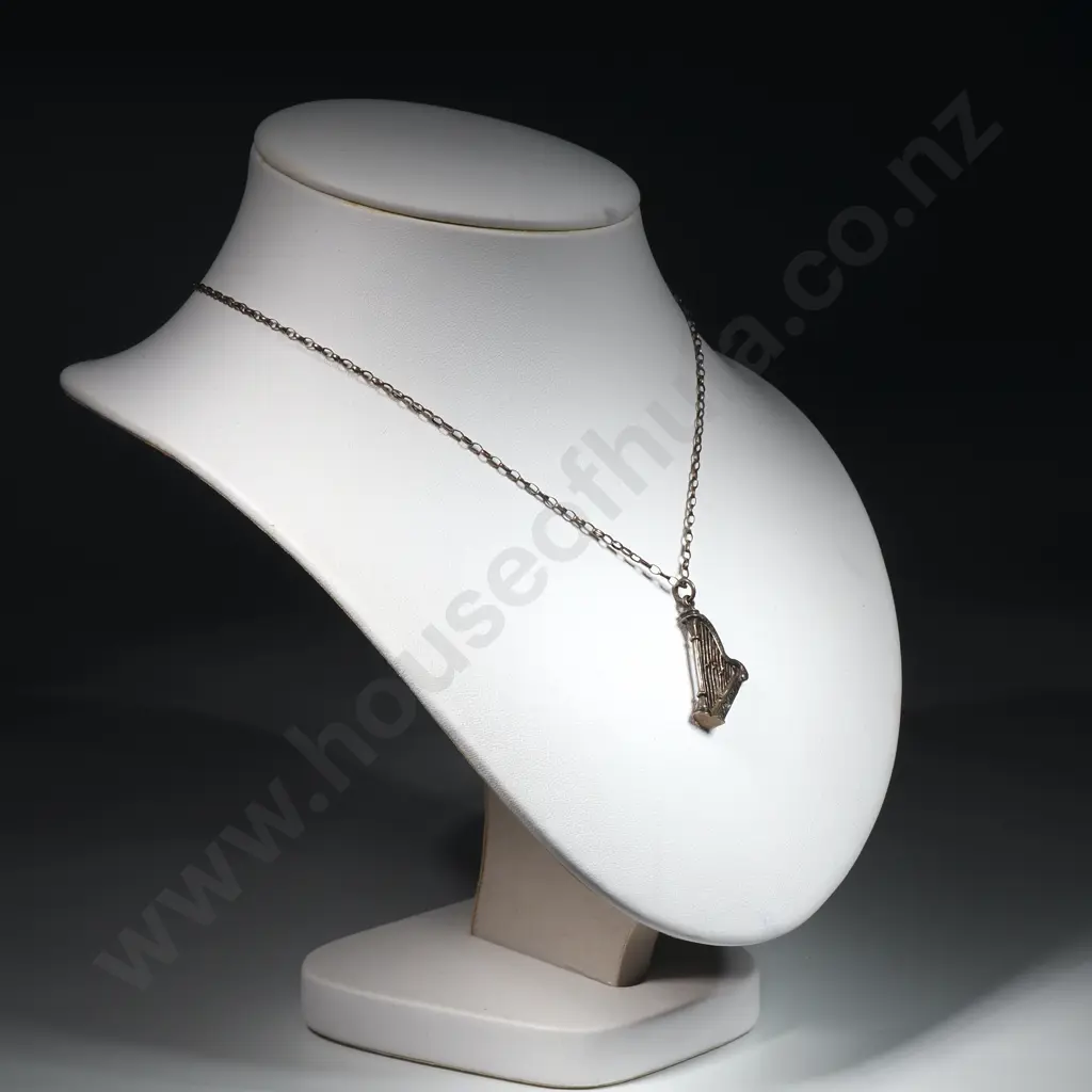 Vintage Sterling Silver  Chain & Pendant In the Form Of A Harp Image 1++