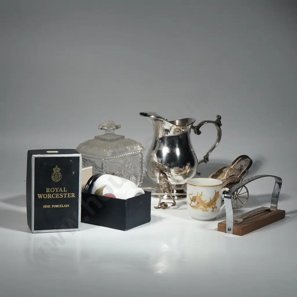 Box Containing Silver Plate, Including Two Salvers, Japanese Six Place Tea Set, Pressed Glass Cannister, R W Egg Coddler Image 1++