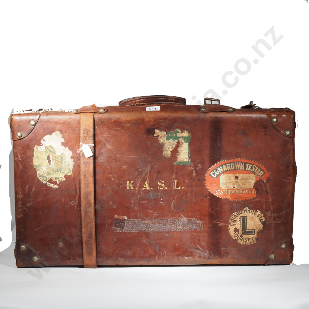 Vintage Leather Suitcase  Containing Tins Including A Clever Mary Cleaner Tin, Bradasol Antiseptic Lozenges, Naphthalene Image 1++