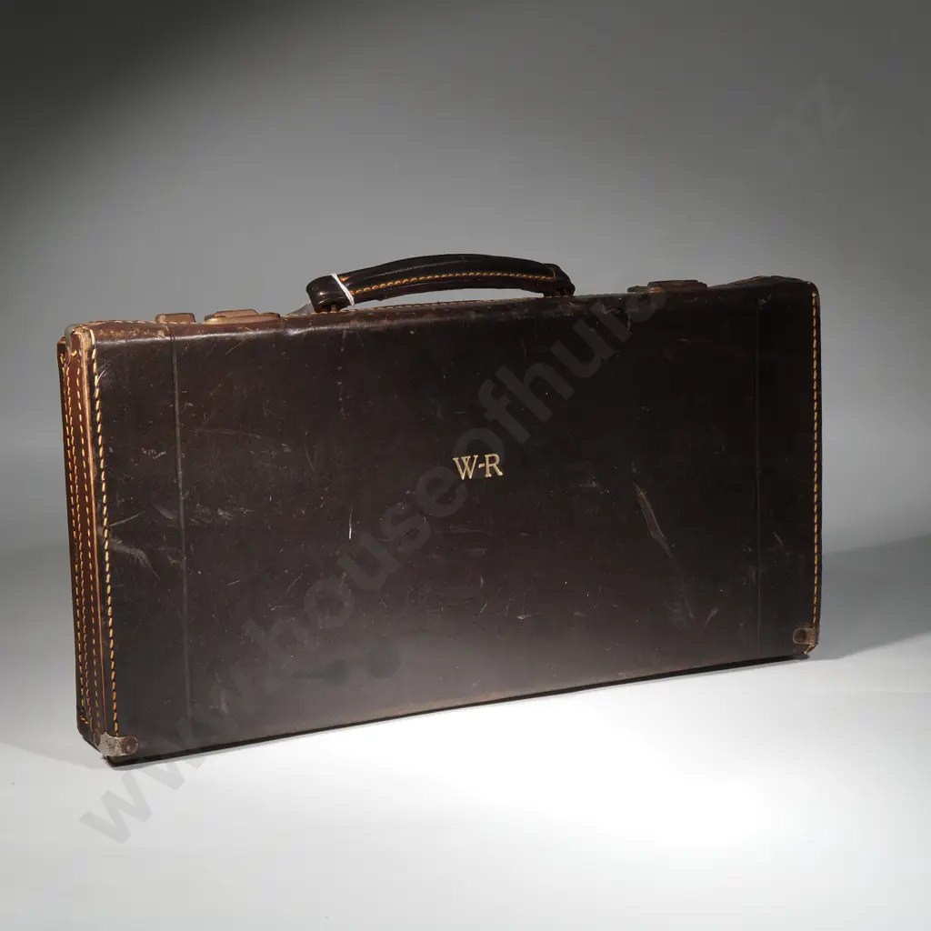 Vintage Leather Briefcase Retailed By George Russell Masonic Outfitter, Wellington Containing A Quantity of Vintage Tins Image 1++