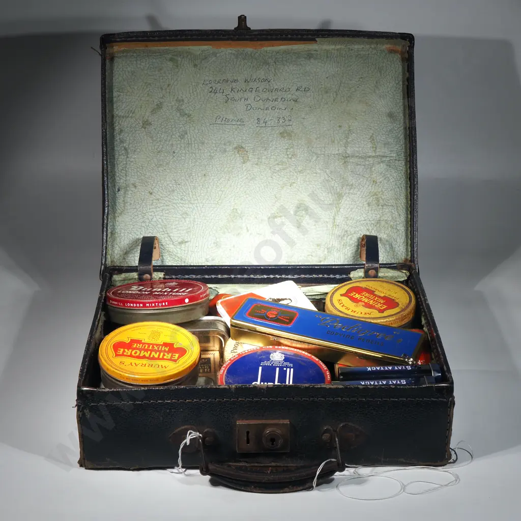 Vintage Childs Suitcase Containing Tobacco & Cigarette Tins, Saddle Soap Tin, Pencil Tins etc.   Image 1++