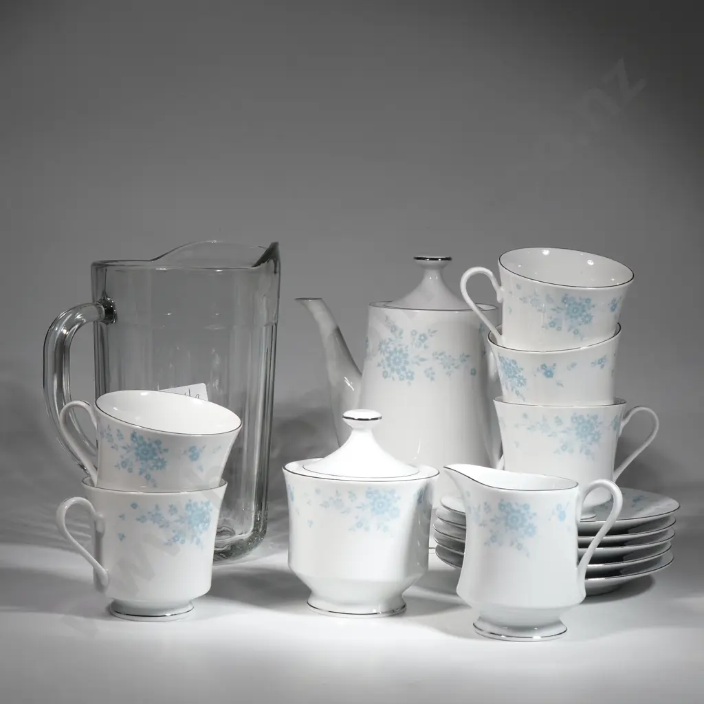 Tea Set w Blue Flowers & Silver Trim on White Ground, & a Glass Jug Image 1++
