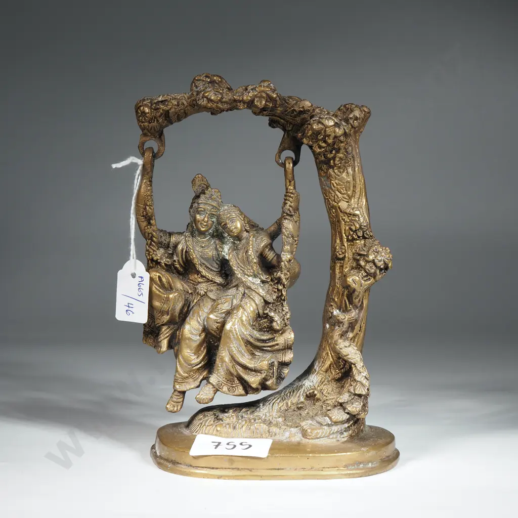 Brass Statue Depicting The Hindu Deities Radha & Krishna on a Swing, a Scene Often Associated w Their Divine Love Story Image 1++