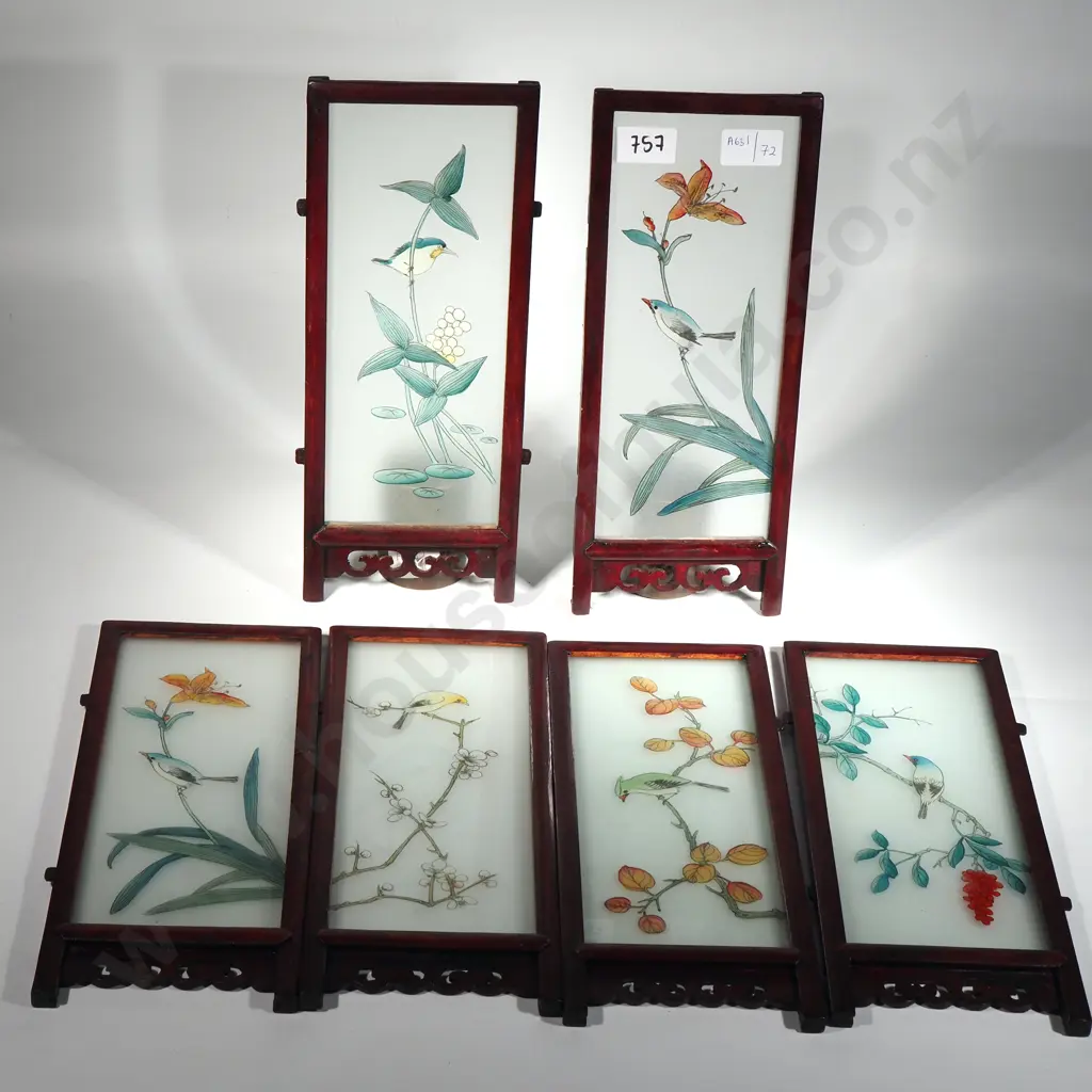 Japanese Six Panel Glass Table Screen With Images Of Birds On Flowers Image 1++