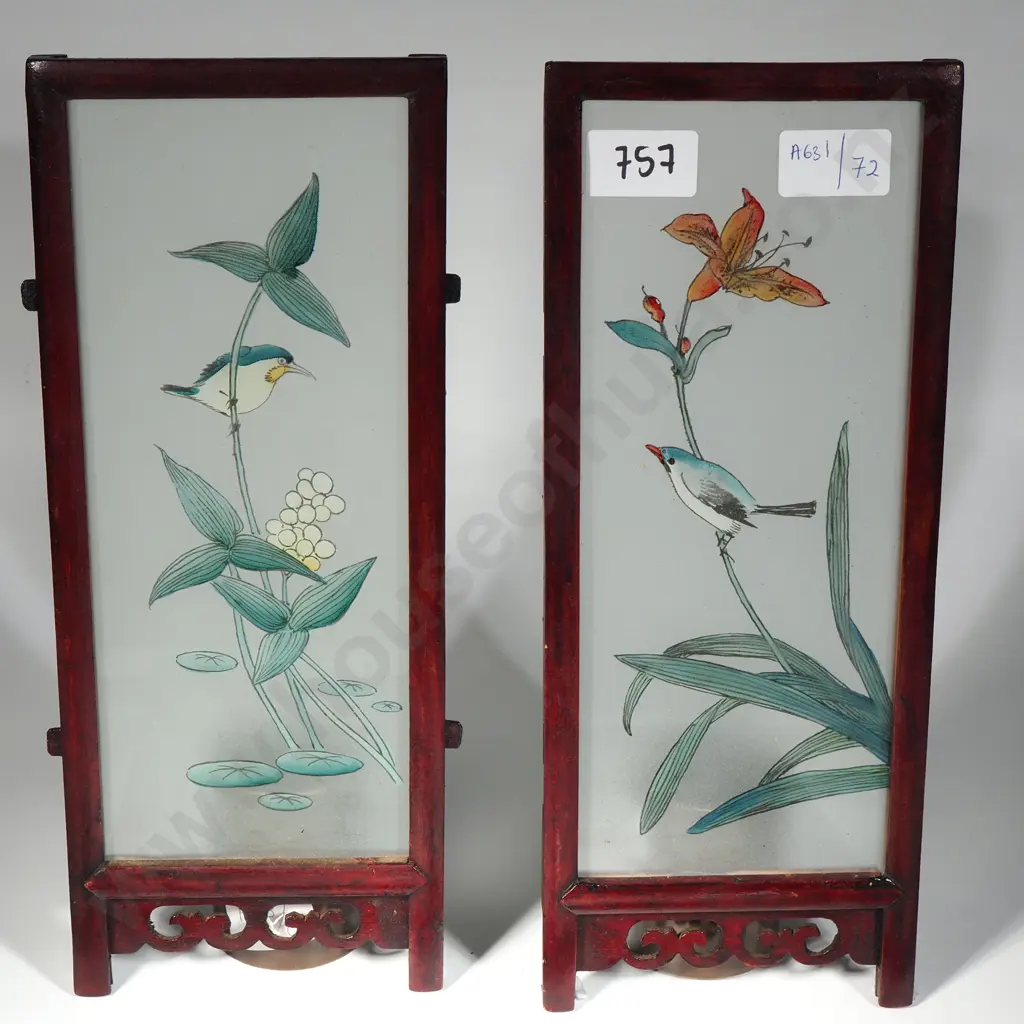 Japanese Six Panel Glass Table Screen With Images Of Birds On Flowers Image 1++