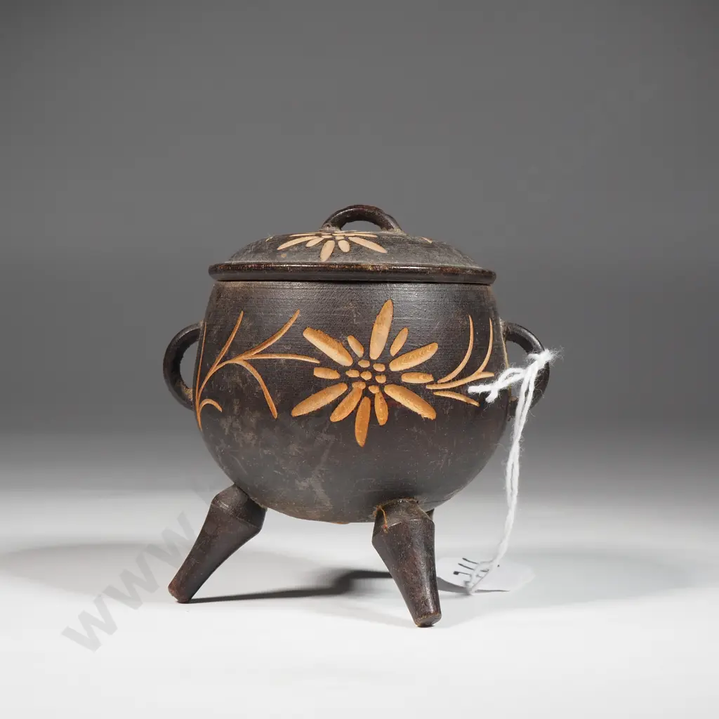 Miniature  Oak Lidded Cauldron On Three Legs Image 1++