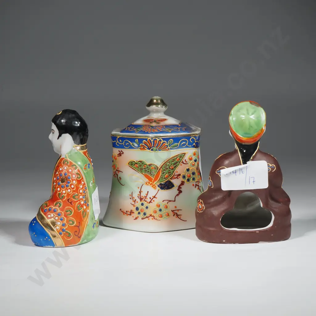 Vintage Japanese Trimont Ware Incense Burner,  A  Seated Figure Of Buddha &  A Lidded Moriage Lidded Hexagonal Jar Image 1++