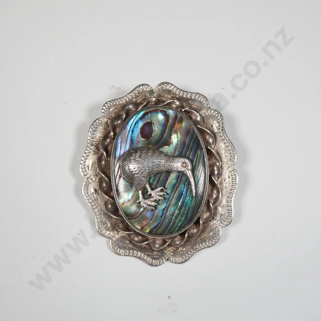 Sterling Silver & Paua Shell Brooch of Oval Form - the Paua Shell Set w Applied Kiwi and w an Ornate Sterling Mount Image 1++