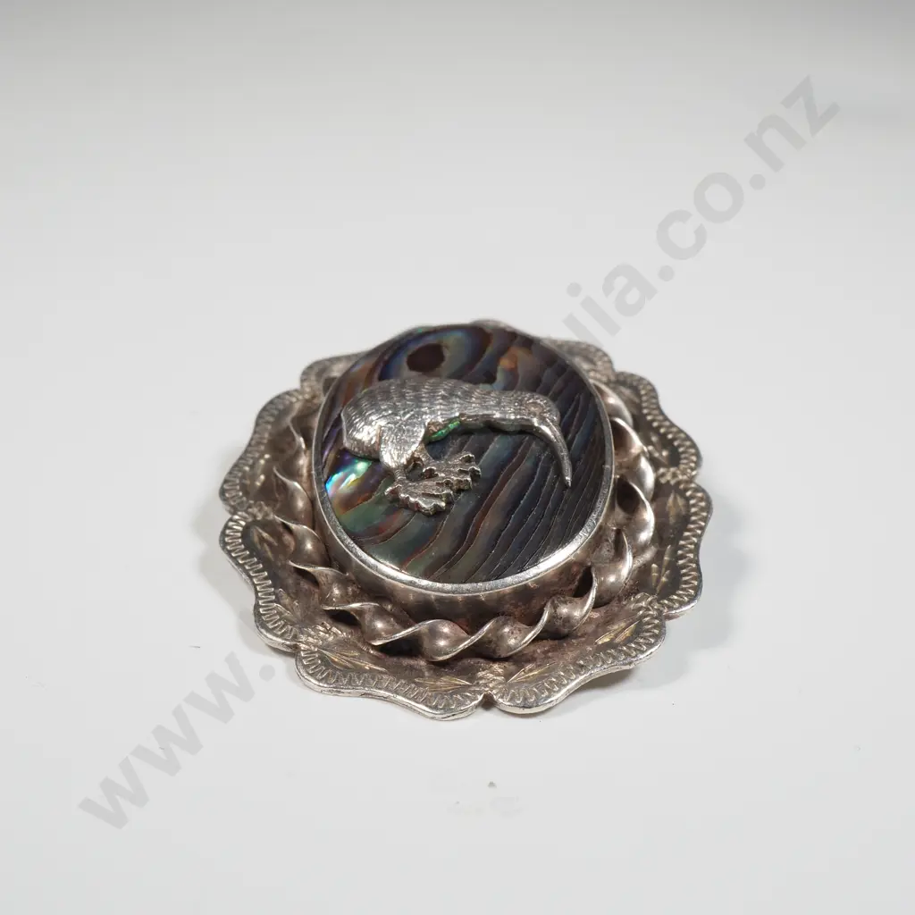 Sterling Silver & Paua Shell Brooch of Oval Form - the Paua Shell Set w Applied Kiwi and w an Ornate Sterling Mount Image 1++
