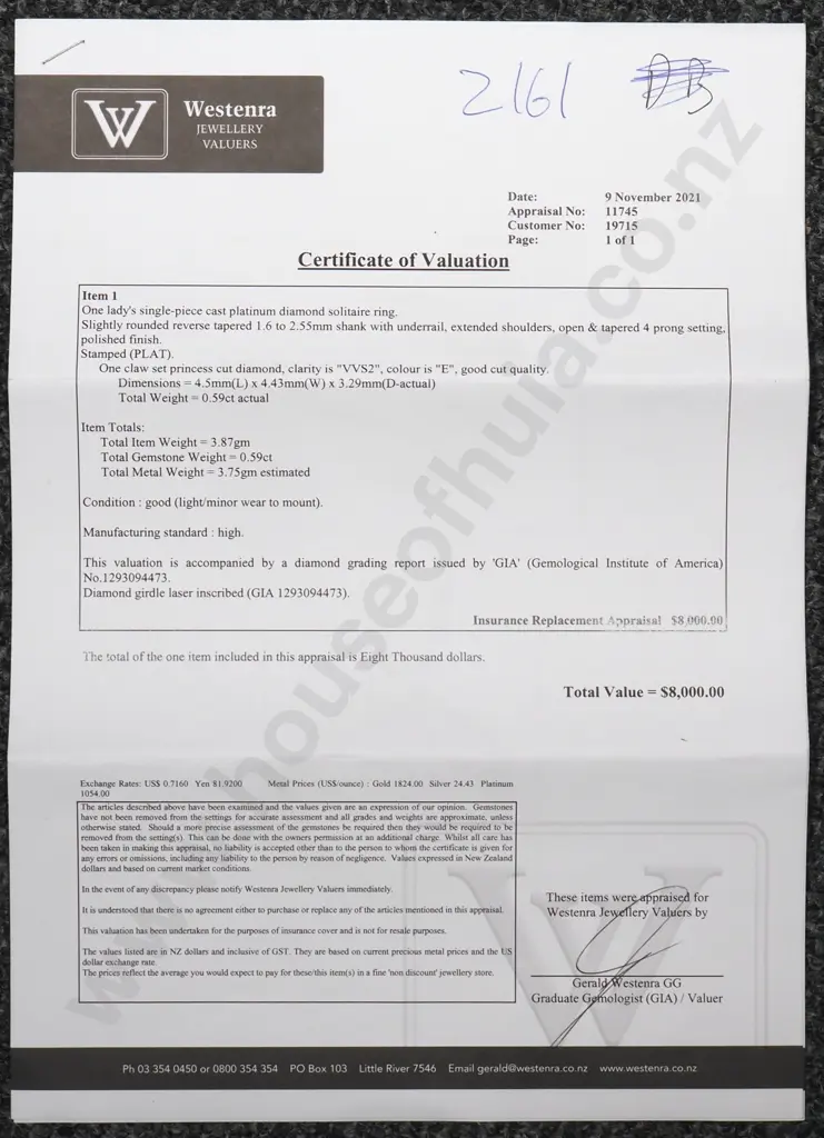 Platinum Diamond Solitaire Ring w Valuation for $8,000.00 - .59 Carat Diamond E VVS2 - Extremely High Grade Stone Image 1++