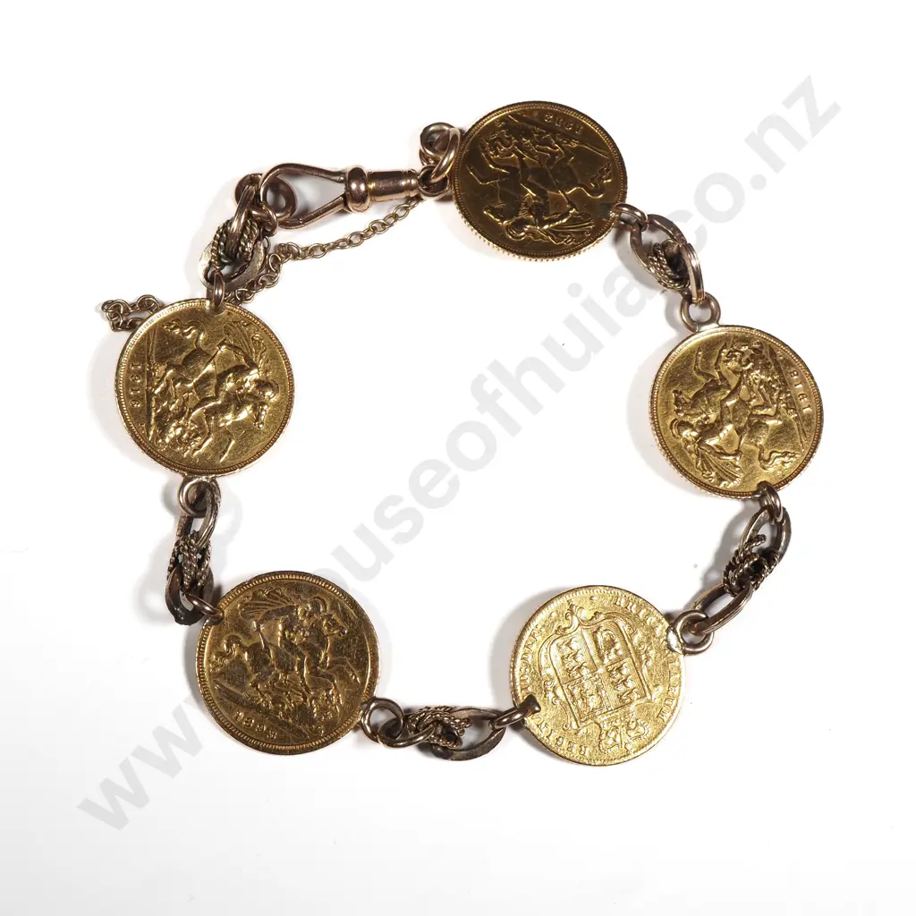 Antique 9ct Gold 5 Half Sovereign Bracelet w Dog Clip Image 1++