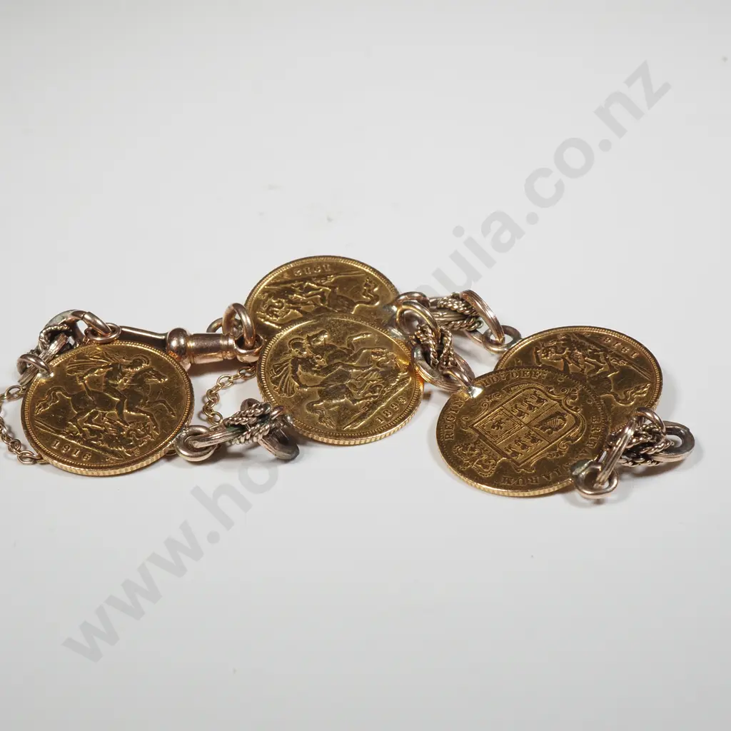 Antique 9ct Gold 5 Half Sovereign Bracelet w Dog Clip Image 1++