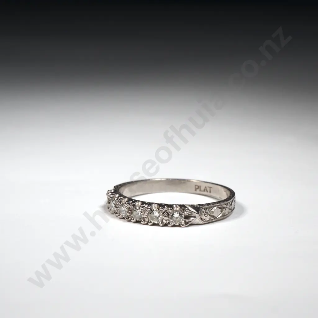 Diamond & Platinum Band Ring w Engraved Shoulders Image 1++