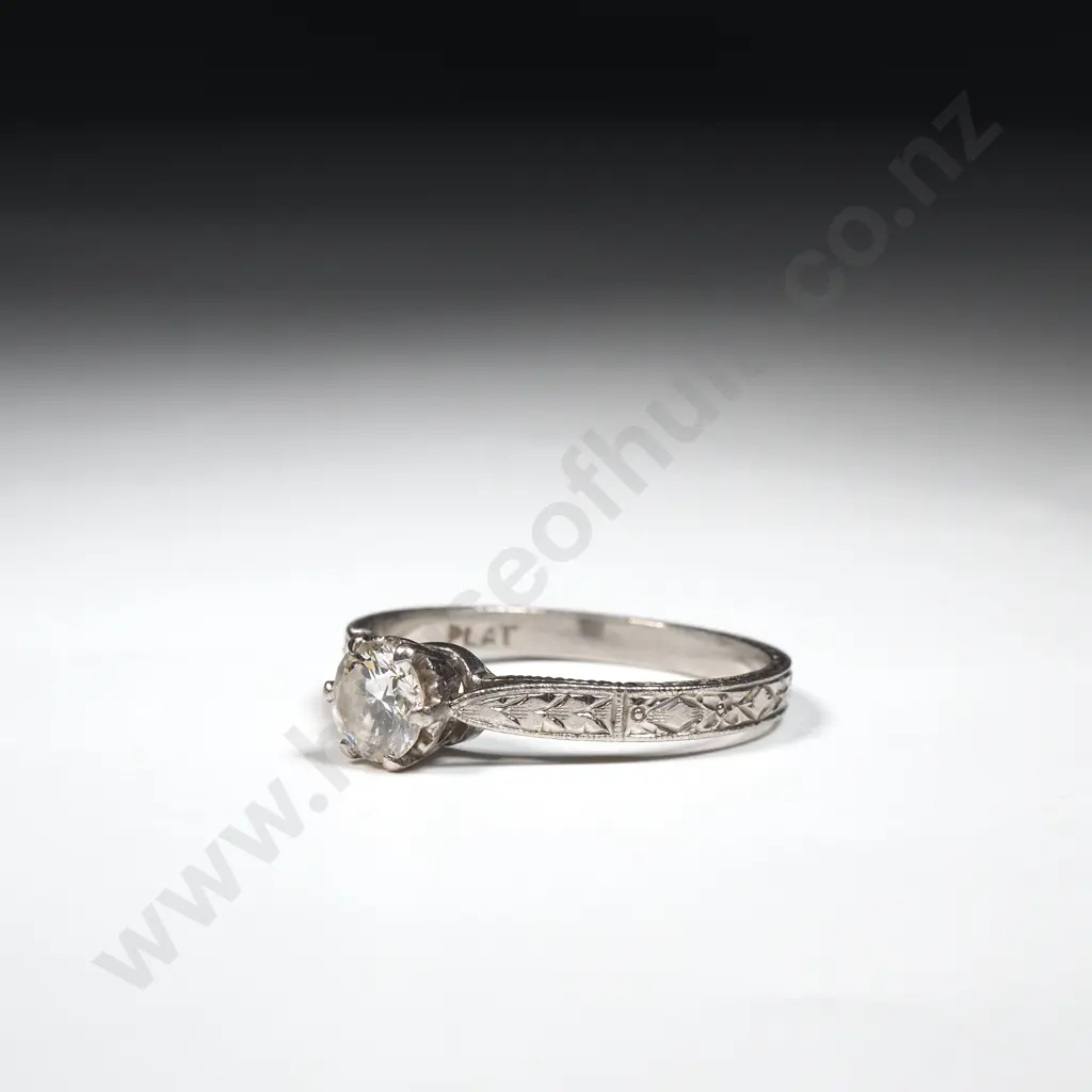 Platinum & Solitaire Diamond Ring W Engraved Band Image 1++