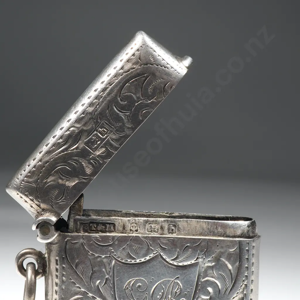 Sterling Silver Vesta Case With Overall Scroll Decoration & Initialled GR In a Shield Shaped Cartouche Image 1++