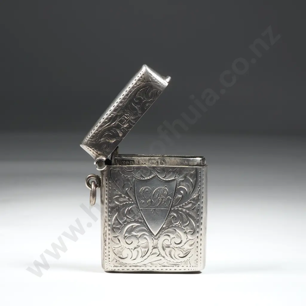 Sterling Silver Vesta Case With Overall Scroll Decoration & Initialled GR In a Shield Shaped Cartouche Image 1++