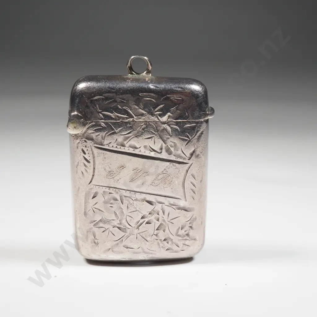 Sterling Silver Vesta Box With Ribbon Shaped Cartouche & Allover Leaf Decoration  Image 1++