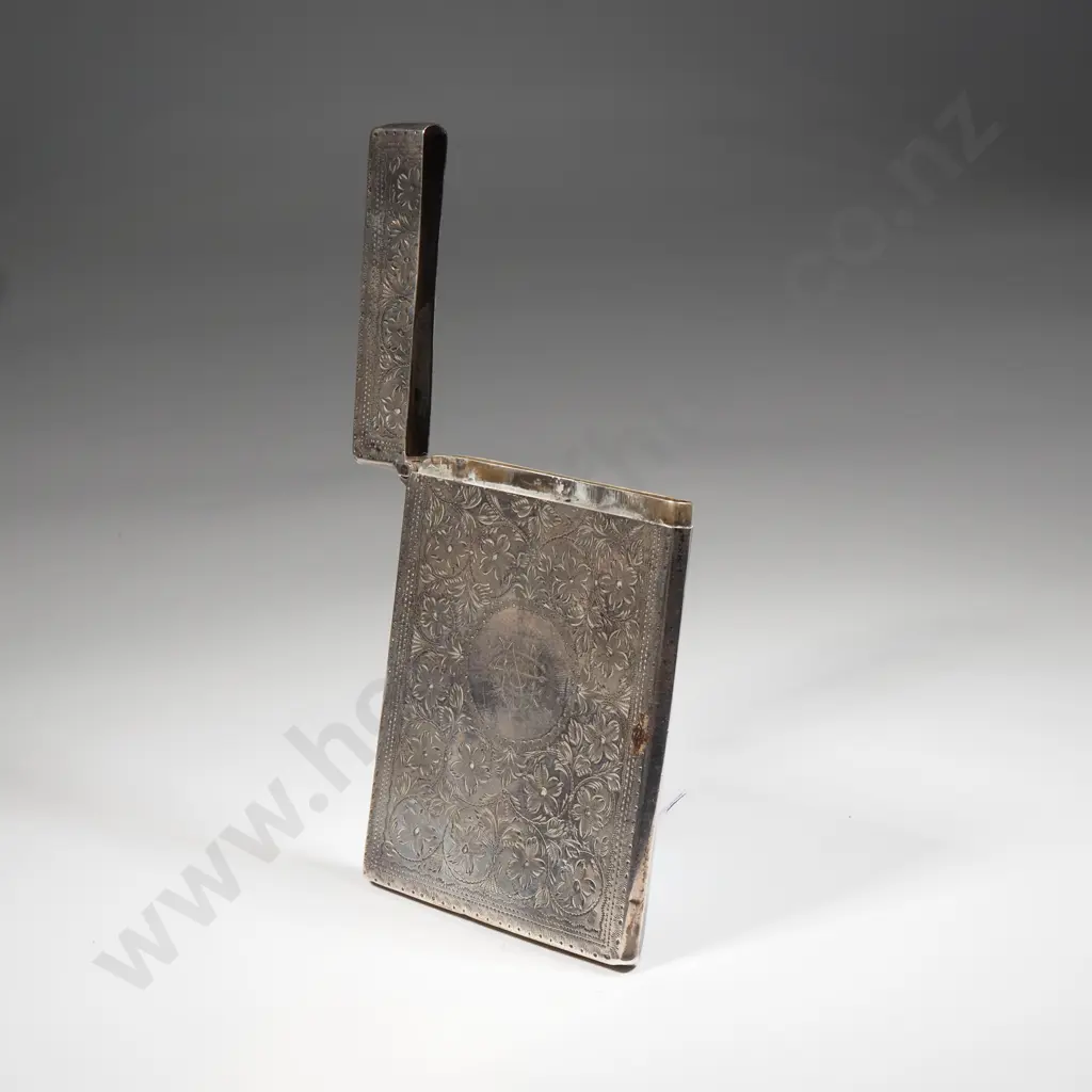 Sterling Silver Card Case With Allover Floral Decoration. Initialled CM In Circular Cartouche. Image 1++