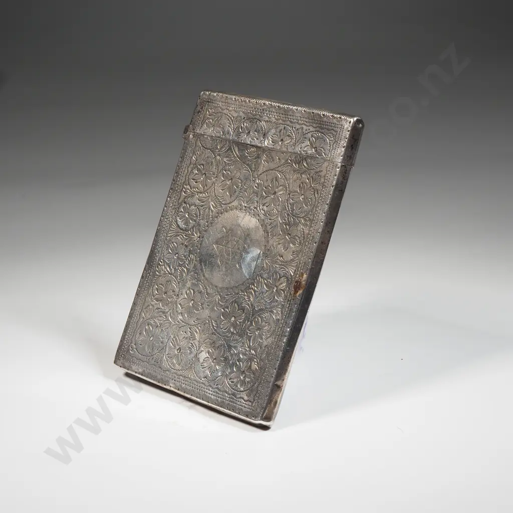 Sterling Silver Card Case With Allover Floral Decoration. Initialled CM In Circular Cartouche. Image 1++