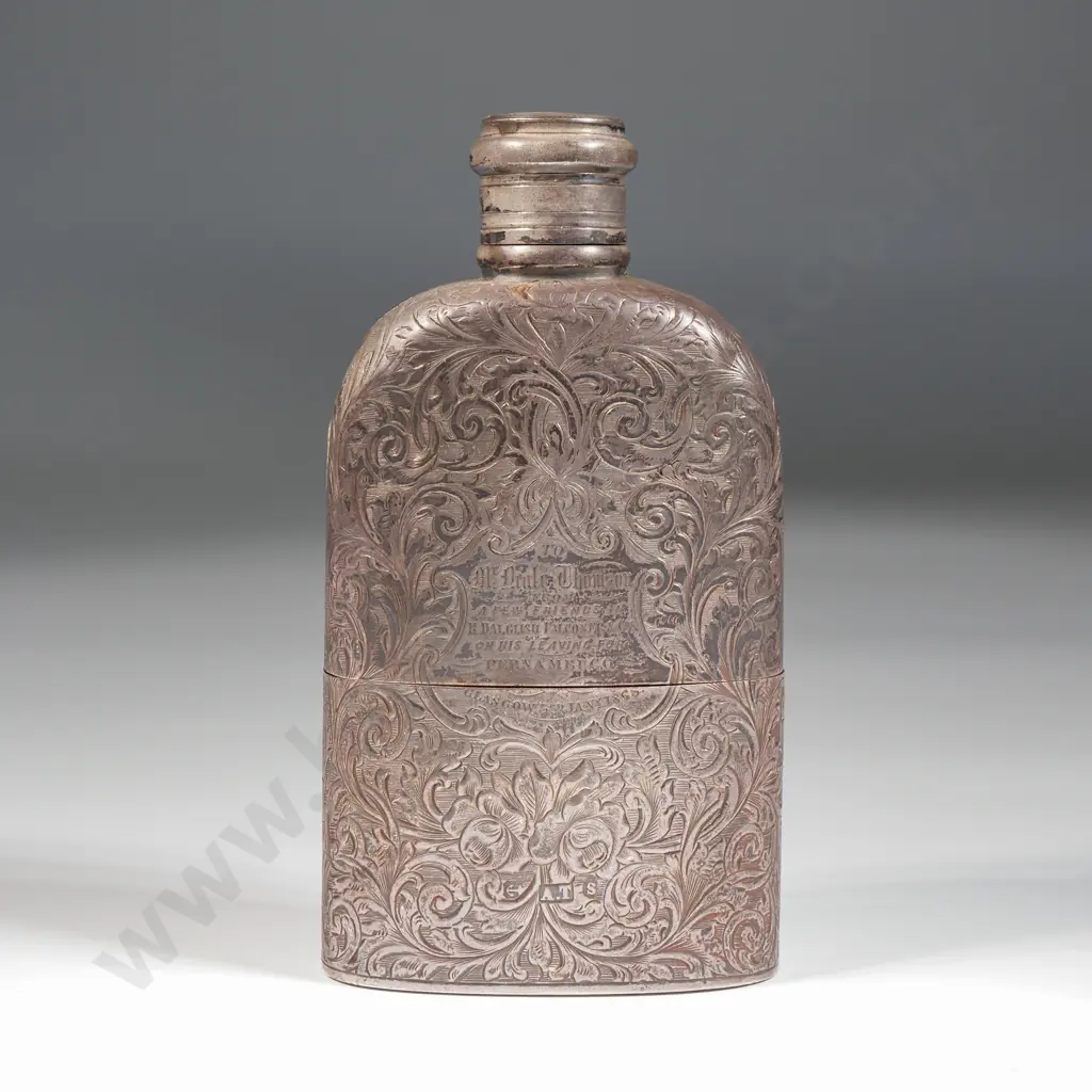 Exceptional Sterling Silver Engraved Hipflask w Cup Presented to Mr Neale Thomson of Glasgow 1868 Image 1++