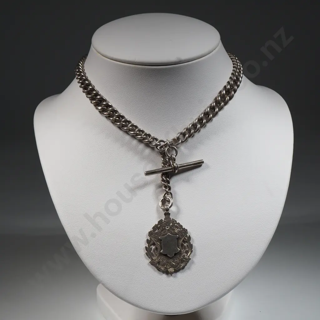 Antique Sterling Silver Albert Chain w T-Bar & Fob & Dog Clip. Image 1++