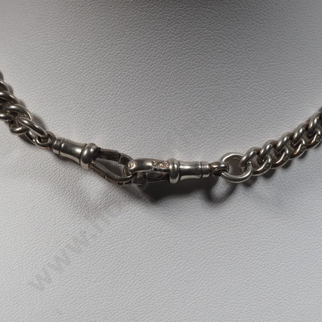 Antique Sterling Silver Albert Chain w T-Bar & Fob & Dog Clip. Image 1++