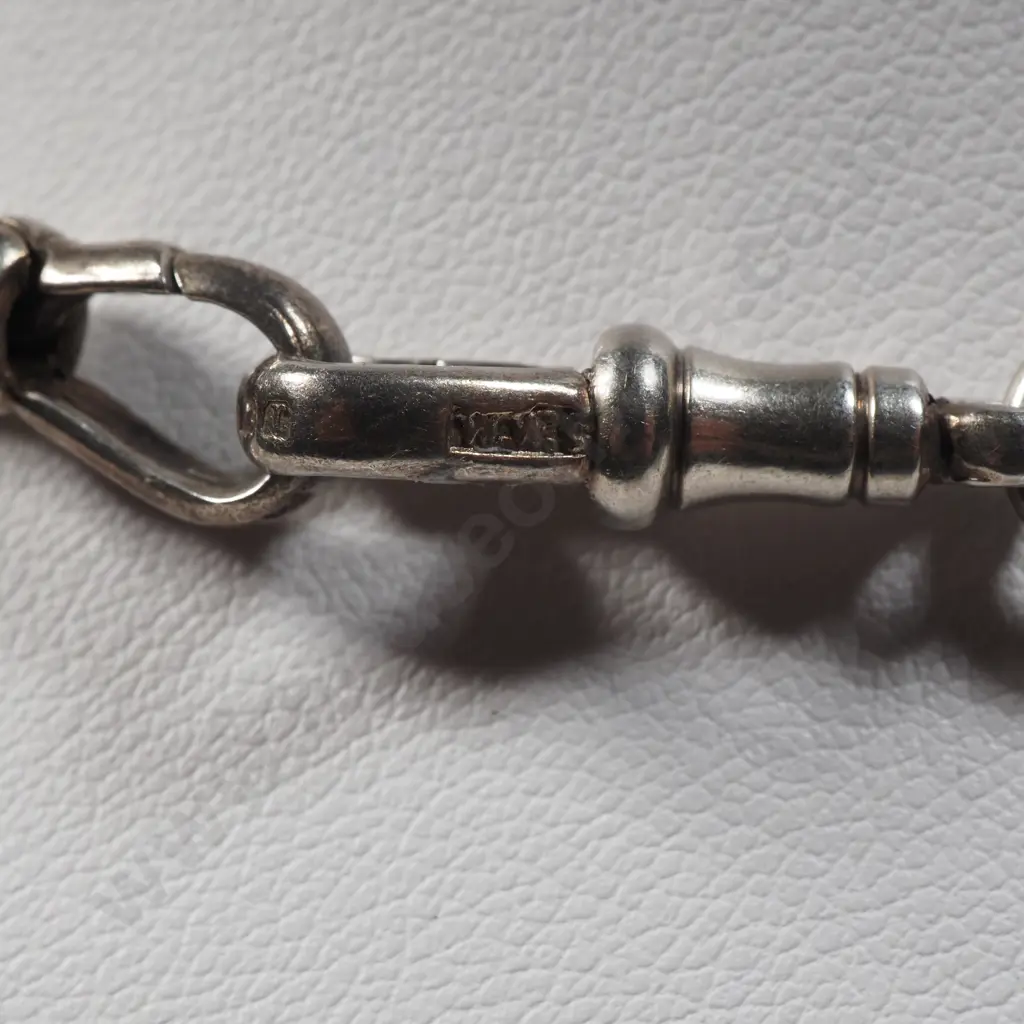 Antique Sterling Silver Albert Chain w T-Bar & Fob & Dog Clip. Image 1++