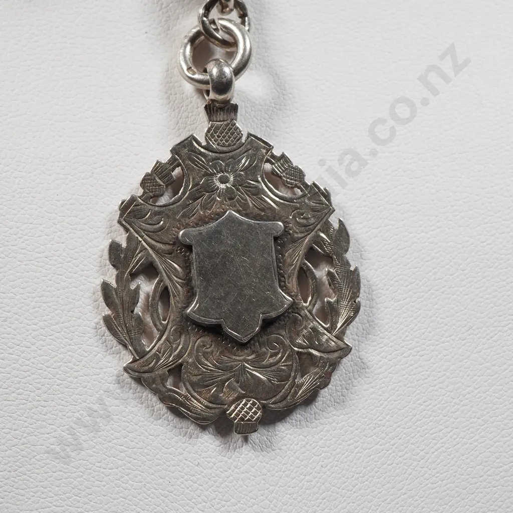 Antique Sterling Silver Albert Chain w T-Bar & Fob & Dog Clip. Image 1++