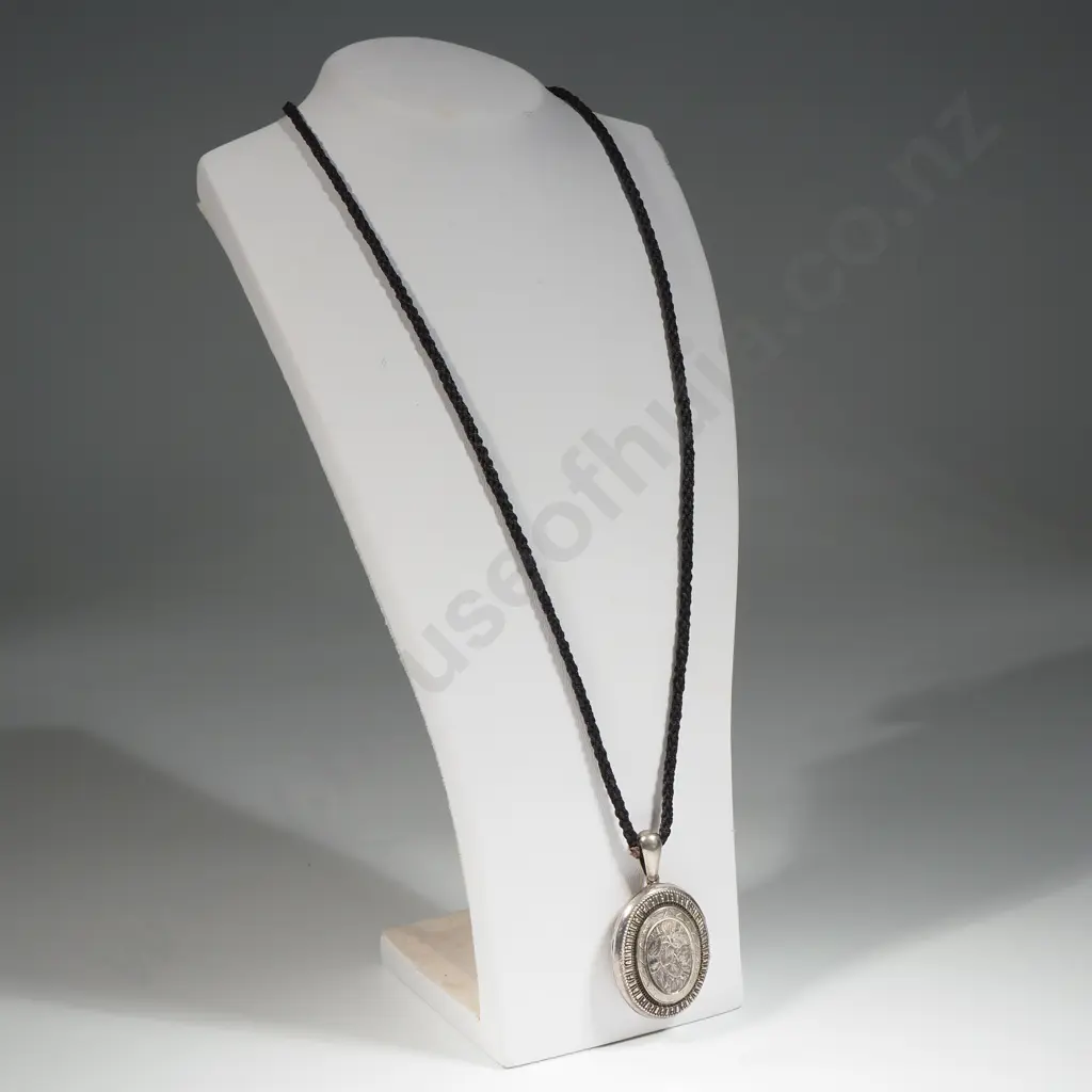 Victorian Sterling Silver Locket with Allover Leaf Pattern To Centre On A Plaited Hair Cord Image 1++