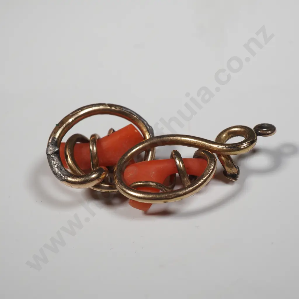 9ct Gold Victorian Snake & Coral Earrings A/F Image 1++