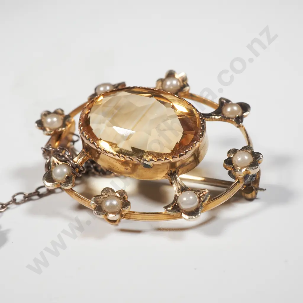 9ct Gold Citrine Brooch w Seedpearls Image 1++