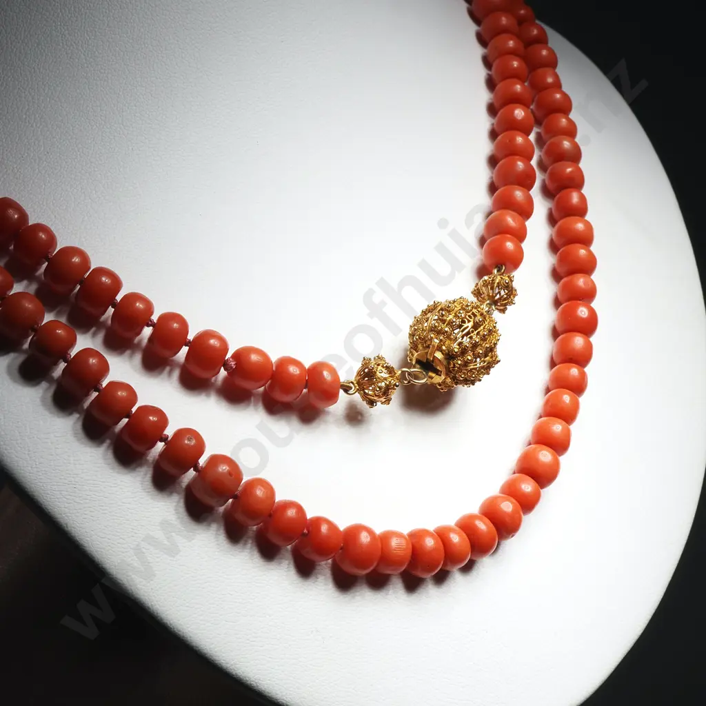 Vintage Long Coral Bead Necklace w Fancy Filigree Clasp Image 1++