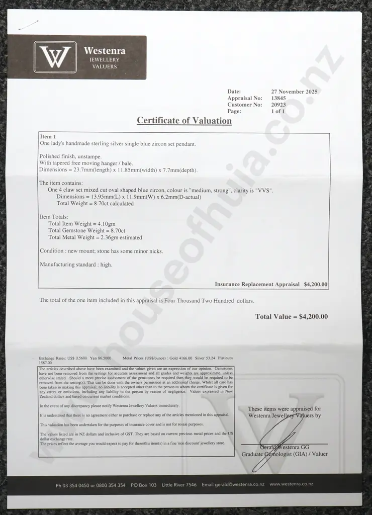Handmade Sterling Silver & Blue Zircon Set Pendant w Valuation for $4,200.00 Image 1++