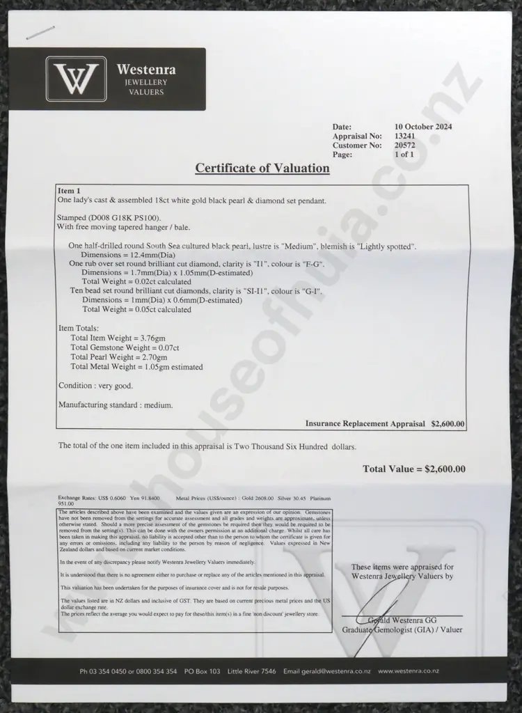 18ct White Gold 7 Black Pearl & Diamond Pendant w Valuation of $2,600.00 Image 1++