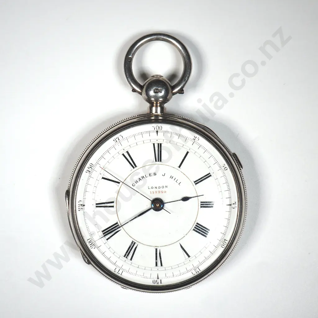 Antique Sterling Silver Open Face Pocket Watch/Chronograph  By Charles J Hill London w Engine Turned Decoration Image 1++