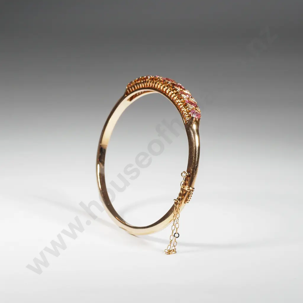 15ct Gold Diamond & Pink Tourmaline Hinged Bracelet in Period Box Image 1++