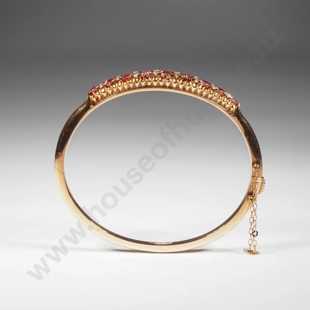 15ct Gold Diamond & Pink Tourmaline Hinged Bracelet in Period Box Image 1++