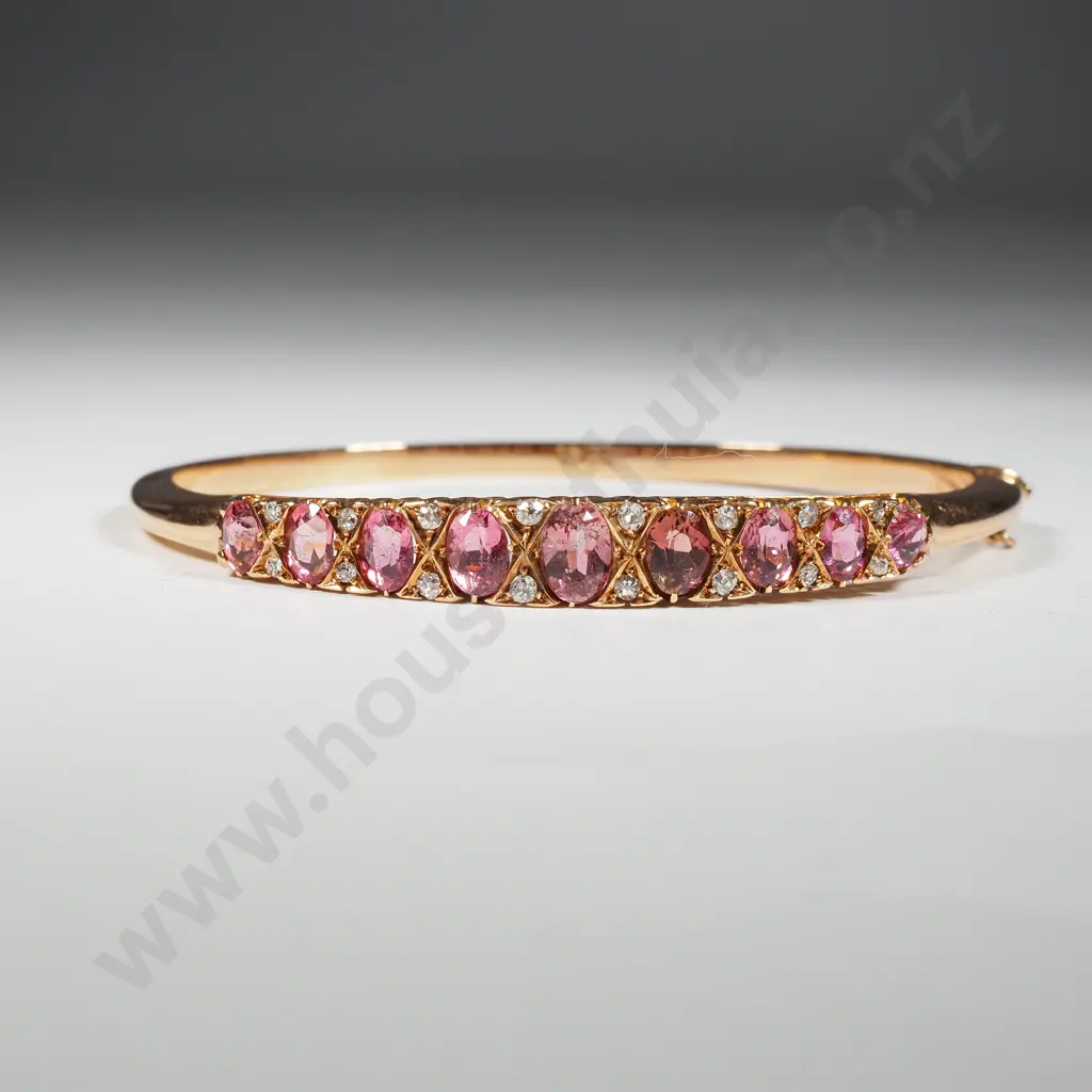 15ct Gold Diamond & Pink Tourmaline Hinged Bracelet in Period Box Image 1++